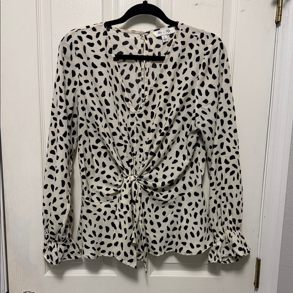 She + Sky Cream Blouse with Black Spot Print and Front Tie